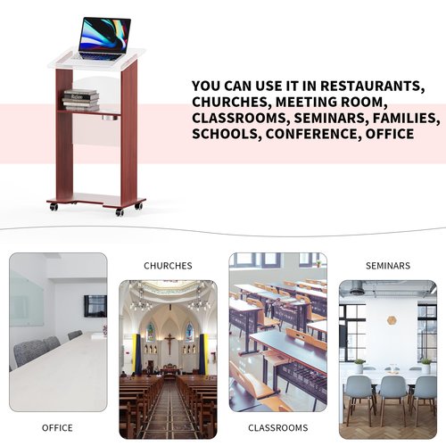 45" Podium with Lockable Wheels,Portable Lectern with Acrylic and 15mm Plywood,Podium Stand with Shelf and Cup Holder,Mobile Stand for Seminars and Schools