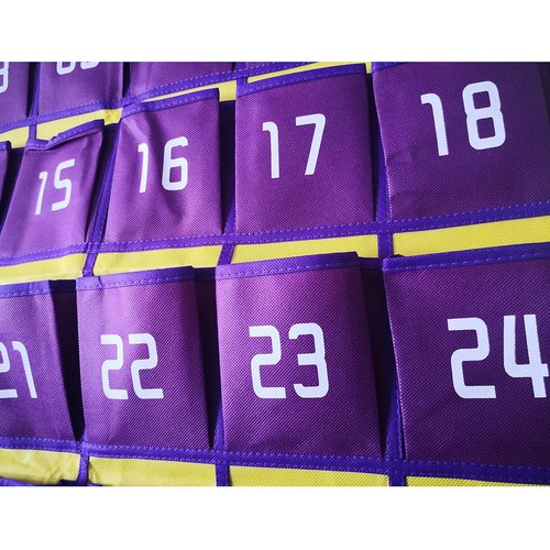 YEALGHAR 36 Numbered Classroom Pocket Charts for Cell Phone Calculator Holder, Wall Door Mount Hanging Organizer with Hooks for Teachers Purple