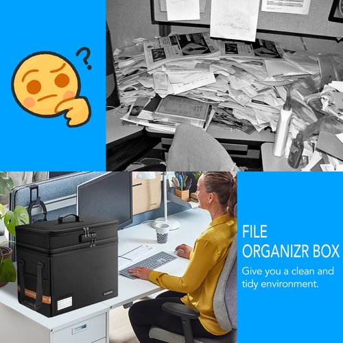ELOBOON Fireproof Document Box with 13 Pockets Accordian File Organizer, Water-Resistant File Organizer Box with Lock, Collapsible File Storage Cabinet for Hanging Letter/Legal Folder, Black