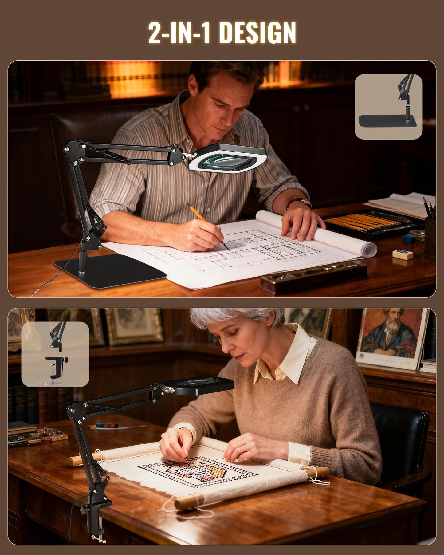 GOEBLESON 10X Square Magnifying Glass with Light and Stand, 2-in-1 LED Lighted Desk Lamp & Clamp, 5 Color Modes Stepless Dimmable, Hands-Free Magnifier Desk Lamp for Reading Craft Close Work B01DL05
