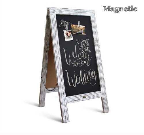 HBCY Creations A Frame Chalkboard 40x20 Solid Wood A-Frame Sign Whitewashed Double-Sided Magnetic Board, Chalkboard Menu Board, for Restaurants, Cafés, Weddings - Heavy Duty Hinges