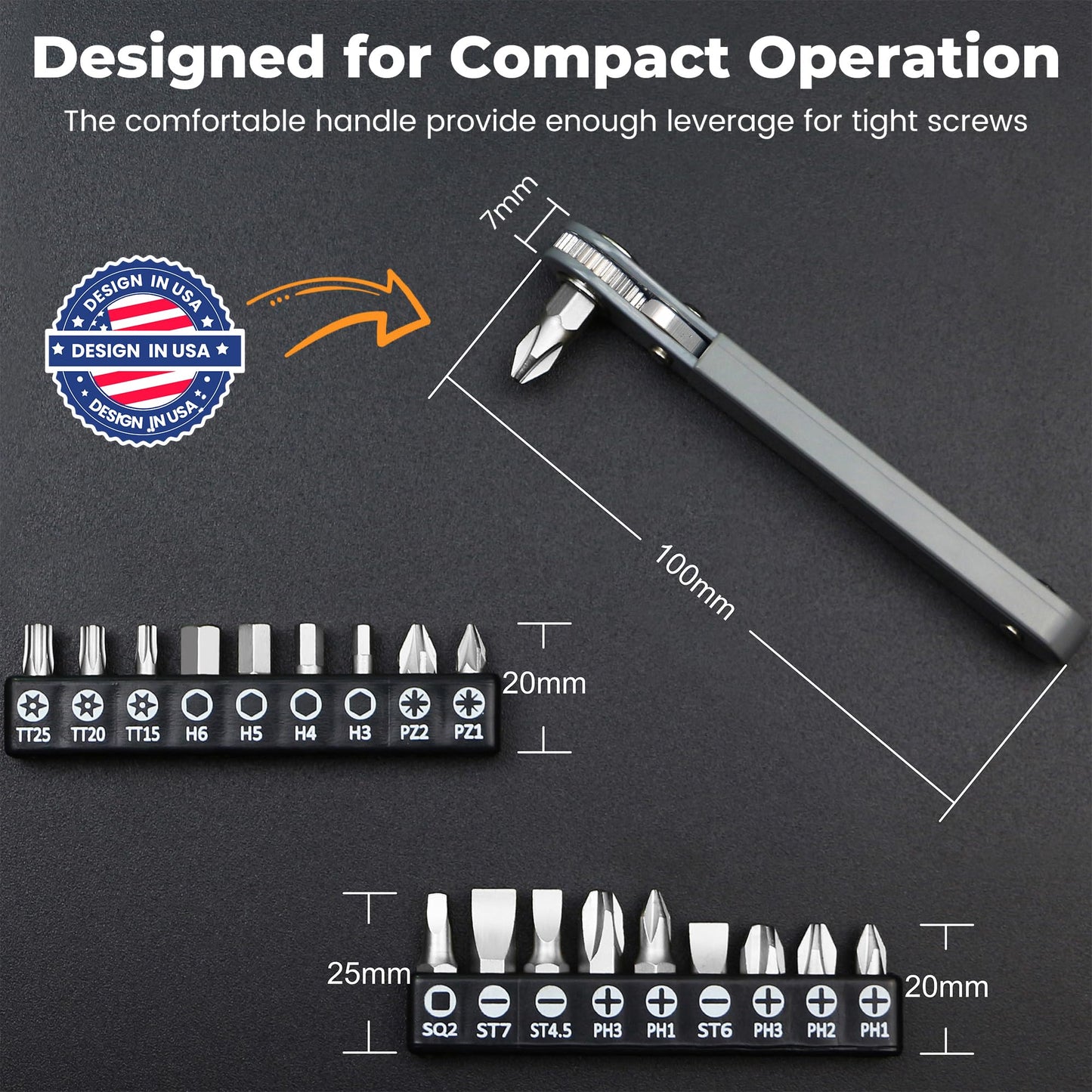 MULWARK 20pc 1/4 Ultra Low Profile Mini Ratchet Wrench Close Quarters Screwdriver Set with High Torque - Right Angle EDC Tool with 90 Degree Mini Offset Reversible Drive Handle & Multi Hex Bits Set