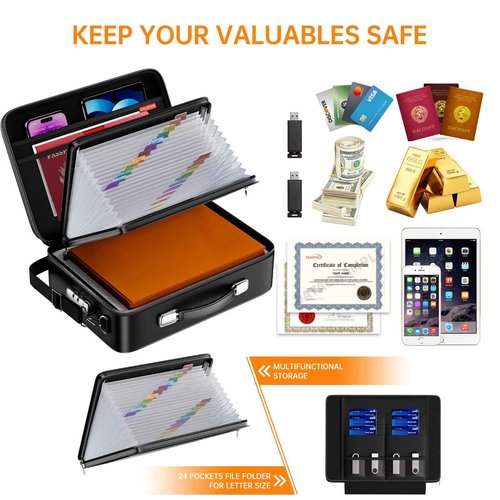 BALAPERI Fireproof Document Box with Fireproof Zipper,File Organizer Hard Case with Lock,Portable Document Safe for Important Document Laptop Valuables(Black,15.8"x5.9"x12.6")