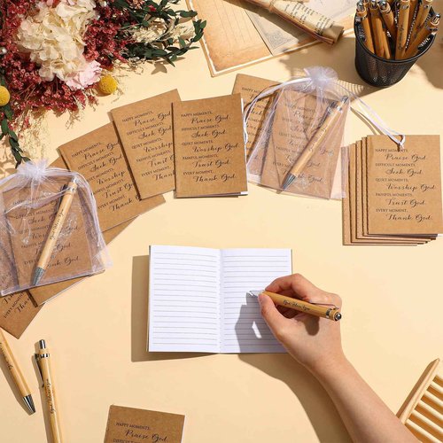 Sayglossy 50 Set Christian Gifts 18 Bible Verse Notebook Religious Notepad 18 God Bless You Ballpoint Pens Christian Wooden Pens 18 Gift Bags Religious Gifts for Church Office Coworker