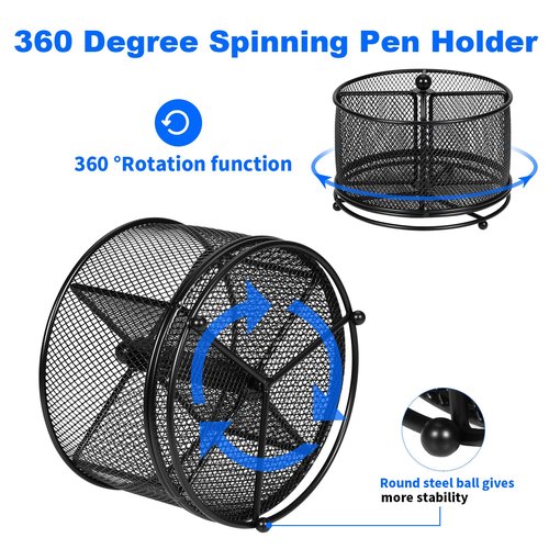 PNEUICALLY Pen Holder for Desk,360° Rotating Mesh Desk Organizer with Large Capacity 4 Compartments,Multi Functional Desk Accessories and Makeup Brush Holder for Office School Home (Black)