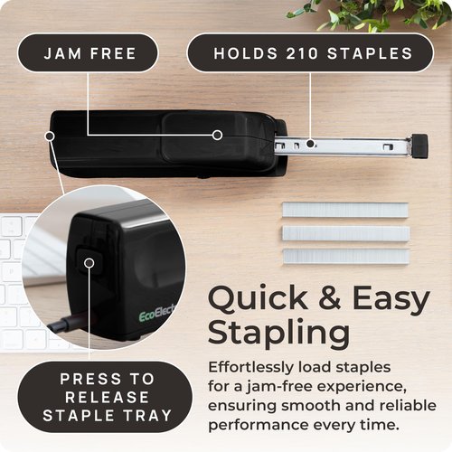 EcoElectronix Portable Automatic Electric Stapler - 30 Sheet Capacity, Quiet Operation, Jam-Free and Easy Reload - AC Adapter/Battery Powered, (Black)