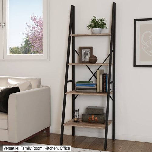 Lavish Home 4-Tier Ladder Bookshelf - Freestanding Bookcase with X-Back Frame and Leaning Look - Display Shelves for Home and Office (Black/Gray)