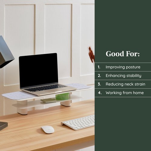 Branch Monitor Stand - Elegant, Durable Powder-Coated Steel Stand with Soft Felt Liner - Large Monitor Riser Second Tier Storage - Installs with a Universal Clamp for Ergonomic Workspace - White