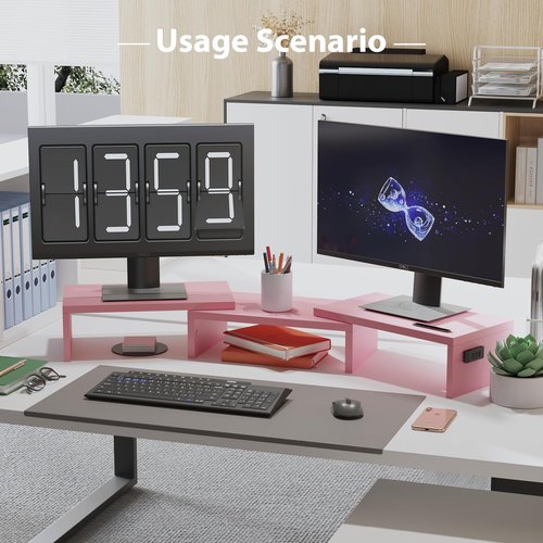 BONTEC Dual Monitor Stand for Desk, Adjustable Length and Angle Monitor Stand Riser with Smartphone Holder, Desk Shelf for Top of Desk, Computer Monitor Stand with Storage, Office Desk Organizer, Pink