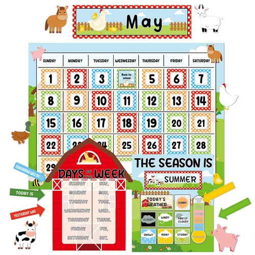 Farm Animal Calendar Bulletin Board Set for Classroom Decoration Farmhouse Calendar Seasons Weather Chart Barnyard Animal CTP Bulletin Board Paper-Cuts for Teachers Elementary School Classroom