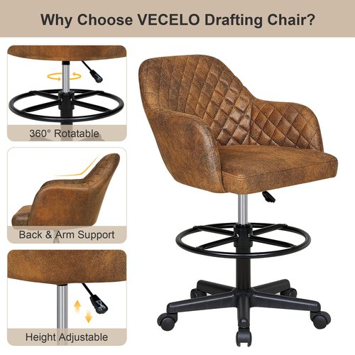 VECELO PU Leather Drafting Chair with Low Back and Footrest Ring, Height Adjustable, Swivel Rolling Wheels, for Drawing/Standing Desk/Office, Brown