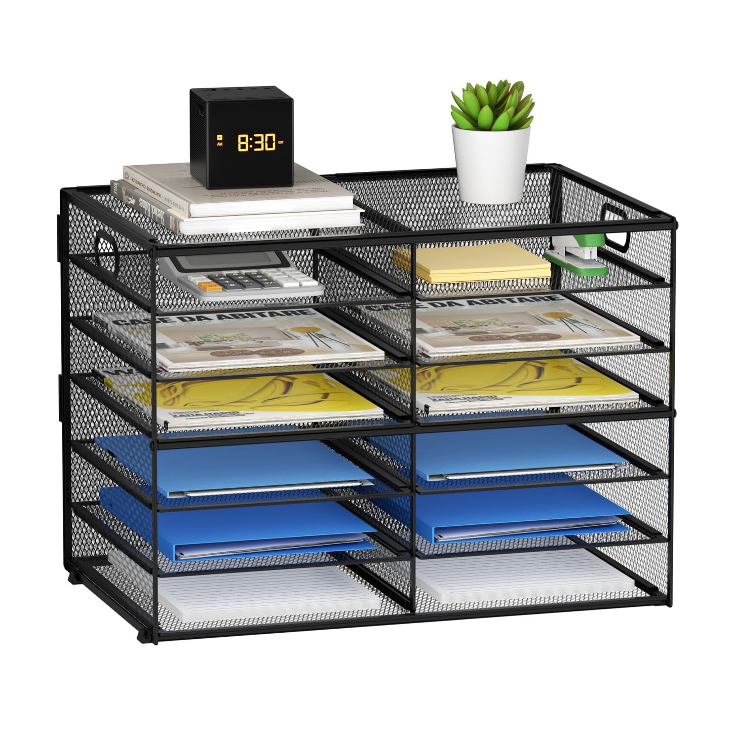 Lavatino 12 Compartments Paper Organizer for Desk, Mesh Literature Organizer, Mail File Sorter Tray with Handle, Desktop Mailbox for Office Classroom Home, Black