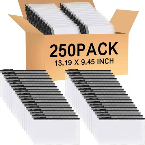 Zhehao Operation Christmas 250 Pcs Mesh Zipper Pouch Bags Bulk A4 13.19 x 9.45 Inch Zipper Pouch Waterproof Clear Pencil File Storage Bags Organizer for Teacher School Organization Supplies(Black)