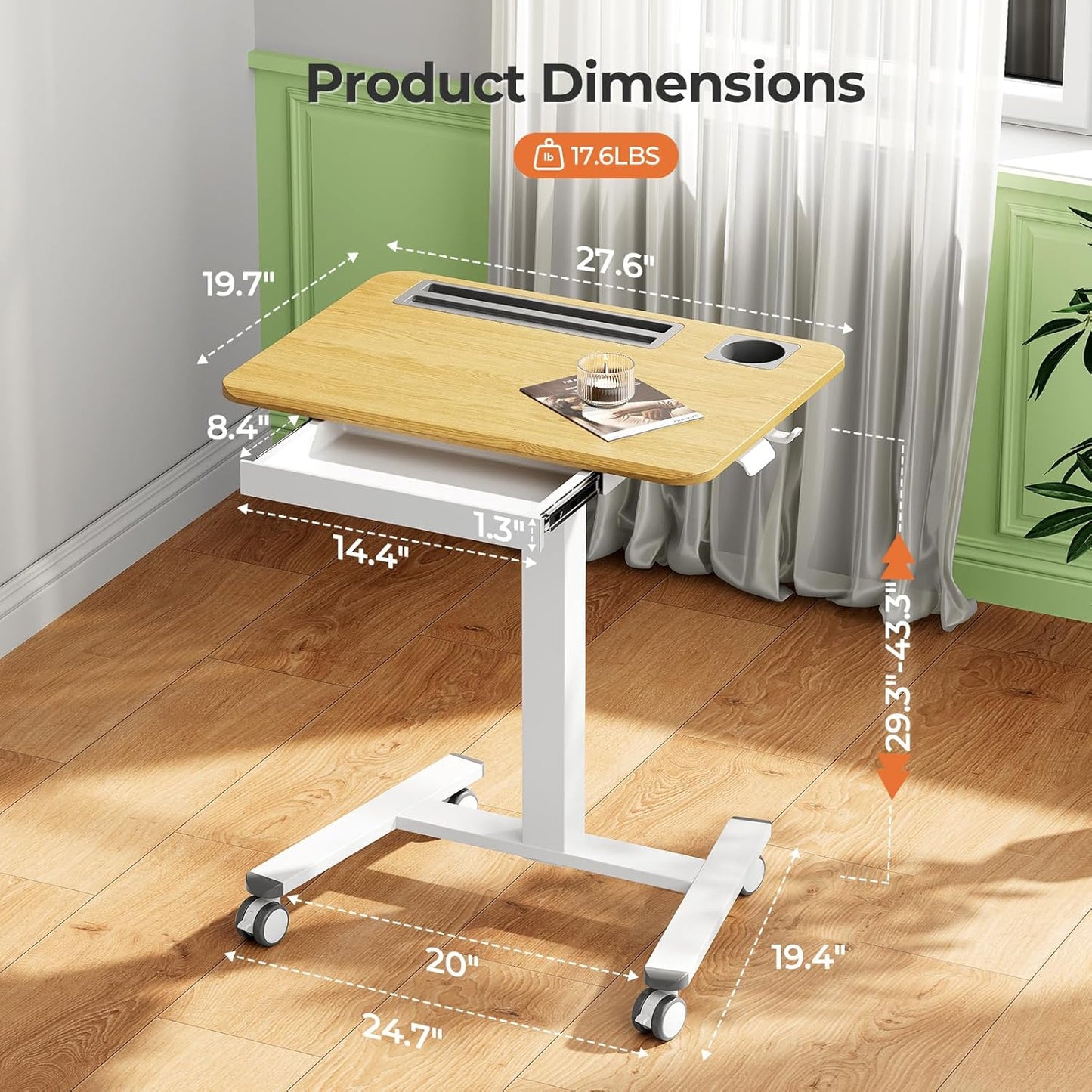 Skiennix Mobile Standing Desk - Height Adjustable Rolling Workstation with Drawer & Cup Holder | 28" Maple Finish