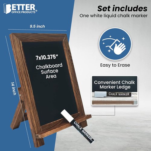 Better Office Products Framed Chalkboard Sign - Rustic Wood Frame, 9.5" x 14", Magnetic with Ledge & Stand, Includes White Chalk Marker