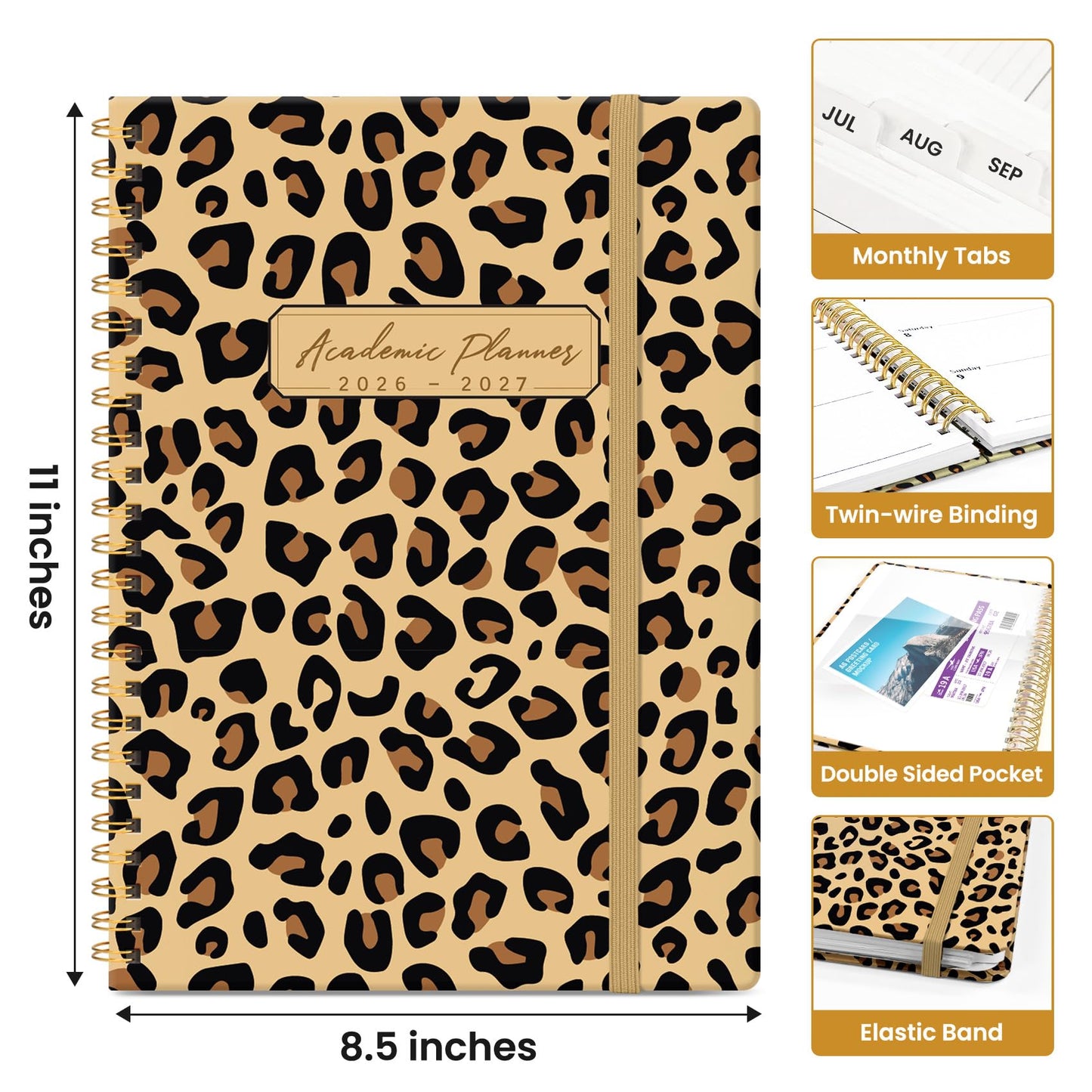 Planner 2026–2027, Weekly & Monthly Academic Organizer for School Year, Jul 2026–Jun 2027, Hardcover Planner with Tabs, Back to School Essential, 8.5" x 11", Leopard