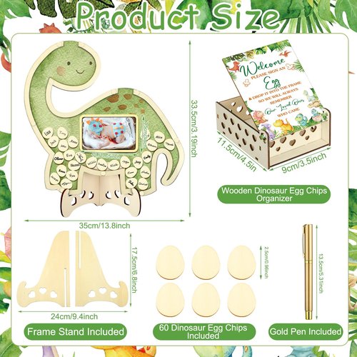 Wenqik 63 Pcs Baby Shower Guest Book Alternatives Set Baby Shower Decorations with Photo Frame Sonogram Frame Keepsake 60 Wood Slices Guest Book for Birthday(Dinosaur)