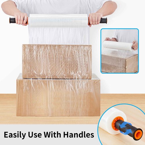 JARLINK Stretch Film, 80 Gauge,15 Inch x 820 Feet Shrink Wrap for Pallet Wrap, Industrial Strength Stretch Wrap up to 800% Stretch with Handles, Moving Wrapping Plastic Roll, 4 Pack