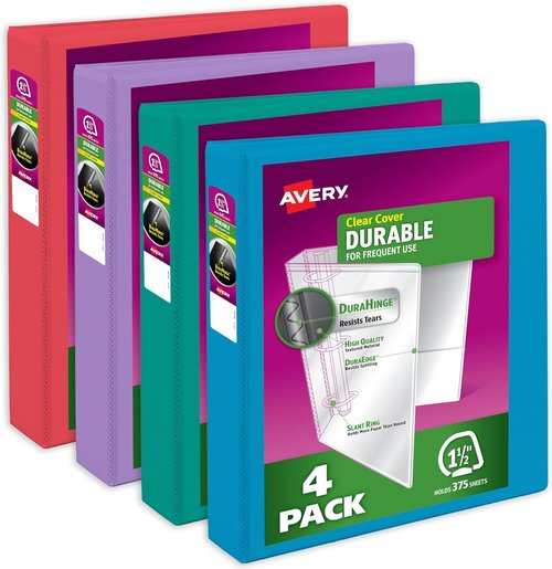 Avery Durable View 3-Ring Binders - 1.5 Inch Slant Rings, 375-Sheet Capacity, Assorted Colors | 4-Pack for Office & School Organization
