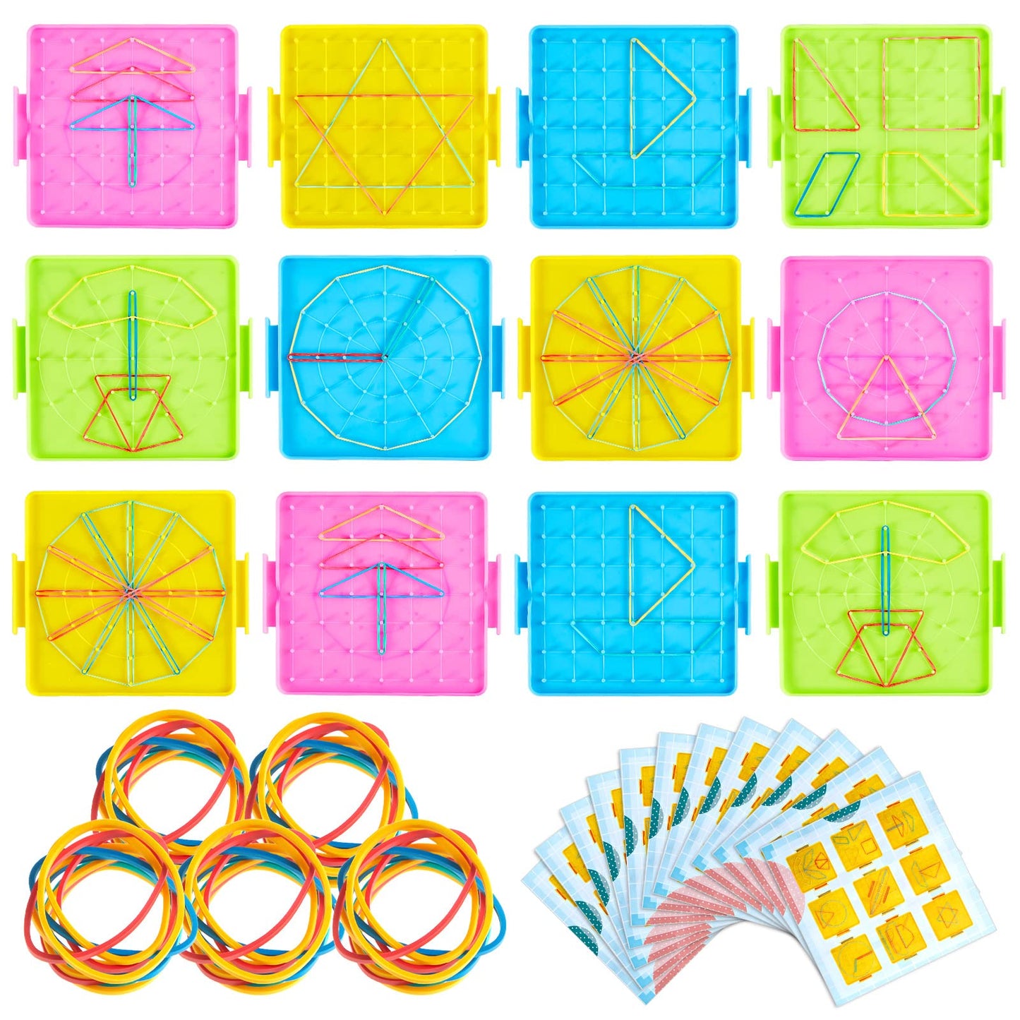 Deekin 12 Pcs Double Sided Geoboard Mathematical Kids Geoboards with Rubber Bands Math Manipulatives Toy for Geometry, 6.9 x 6.3 Inches Classroom Back to School