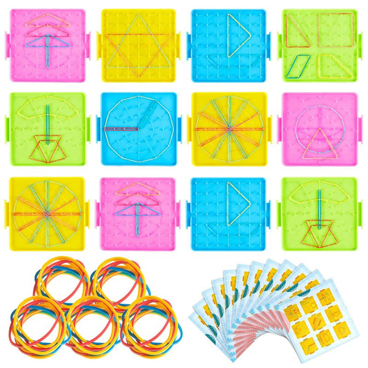 Deekin 12 Pcs Double Sided Geoboard Mathematical Kids Geoboards with Rubber Bands Math Manipulatives Toy for Geometry, 6.9 x 6.3 Inches Classroom Back to School