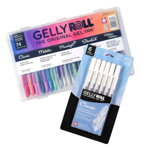 SAKURA Gelly Roll Gel Pens - Gift Set - Assorted Point Sizes with Pen Storage Case - Assorted Colored Ink with Special Effects - 74 Pack & Gelly Roll Gel Pens - Bold Tip - Classic White Ink -6 Pack