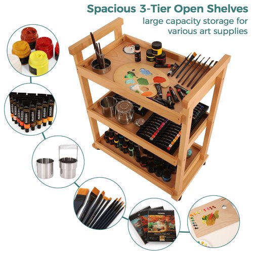 VISWIN Art Cart Organizer, Solid Beechwood Art Supply Storage Organizer with Caster Wheels, 3-Tier Multifunctional Rolling Utility Storage Cart for Studio, Classroom, Artists - Natural