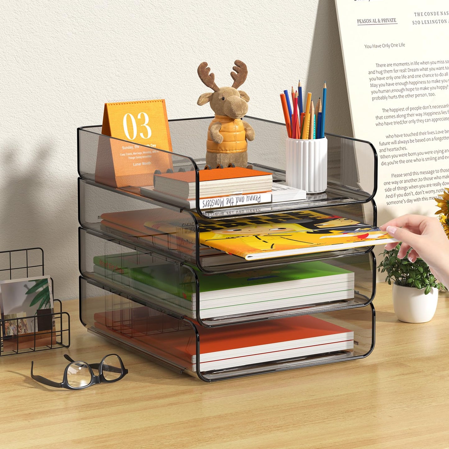 FANXIYQ 4-Tier Acrylic Paper Tray Organizer, Smoked Brown Stackable Desk File Organizer for Documents, Files, Letters, A4 Paper, Books, Notes, Mail & Paper Storage, Office Classroom Home