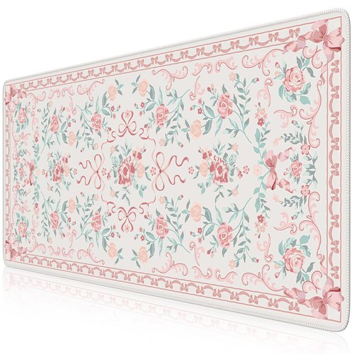 iCasso Pink Desk Mat for Desktop,Cute Desk Pad for Women,Girly Bow Mouse Pad with Stitched Edges,Non-Slip Large Computer Mat for Home Office Study Gaming