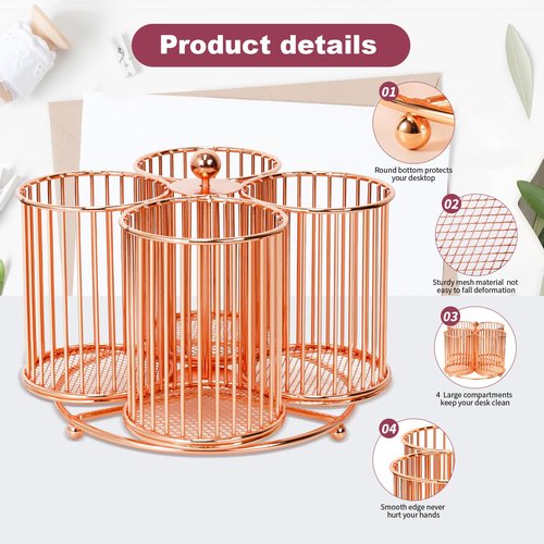 PNEUICALLY 360 Rotating Pen Holder, Large Pencil and Marker Organizer with 4 Slots, Desk Caddy Accessory (Rose Gold)