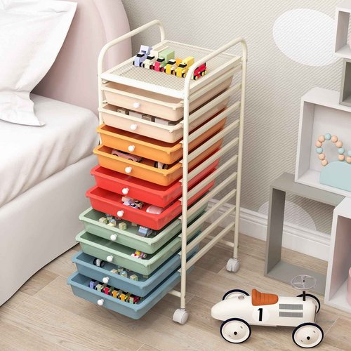 Julimoon 10 Drawer Storage Cart, Rolling Cart with Lockable Wheels, Trolley Utility Cart with Removable Drawers, Mobile Organizer with Handle for Living Room Kitchen Home Office (Macaron)