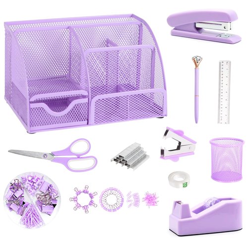 yuun Desk Organizers and Accessories, Purple Office Organizer for Women Storage with Stapler, Tape Holder, Clips Set, Staple Remover, Scissor, Pen Holder, Ruler, Pen, Staples and Transparent Glue