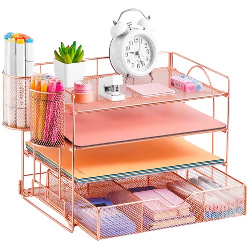 Lavatino 4-Tier Desk Paper Letter Tray Organizer for Desk Accessories & Workspace Organizers with Drawer and 2 Pen Holder for Home, School, Office Supplies Storage (Rose Gold)