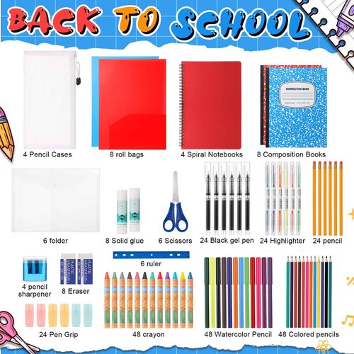 Gilprop 4 Set 2025 School Supplies Kit, 47 Pcs Per Set Back to School Supplies Primary Middle College Bundle Essential Stuff Bulk Pen Notebook Stationery for Kid Student Girl Teen Classroom Boy