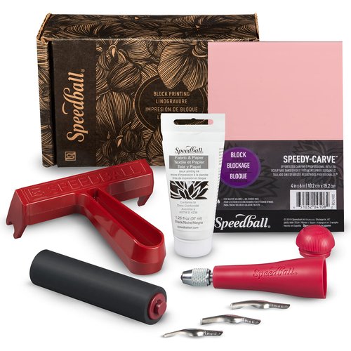 Speedball Block Printing Fabric Starter Kit, 7 Pieces – Includes Ink, Hard Brayer, Lino Handle and Cutters, Speedy-Carve Relief Carving Rubber