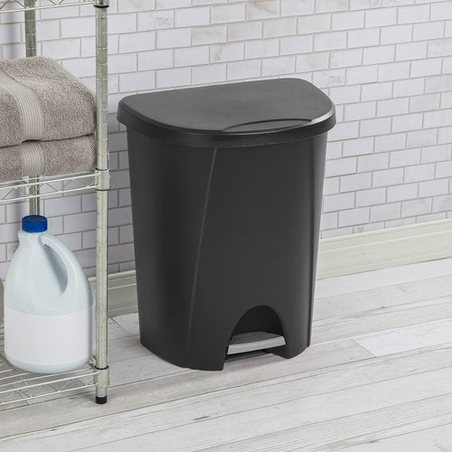 Sterilite 6.6 Gallon StepOn Wastebasket with Lid, Medium Sized Plastic Trash Can for the Kitchen, Bathroom, or Mudroom, Pedal, Black, 4-Pack