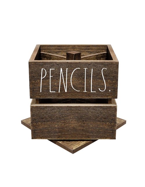 Rae Dunn Pencil Cup - Wooden Pen Holder Desktop Organizer - Small Rustic Wood Desk Top Caddy for Office Accessories and Supplies - Organization for Home, School, Classroom, Work - Square Dark Brown