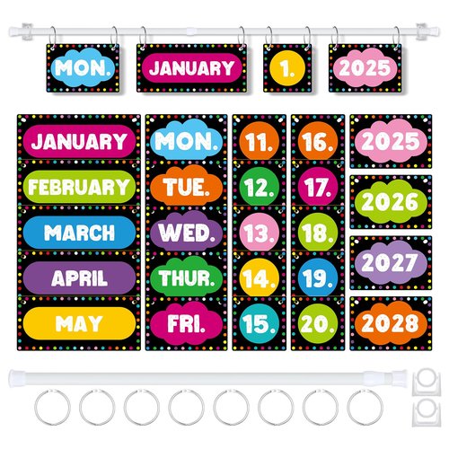 Gilprop Flip Calendar Bulletin Board Set with Holder Adjustable Calendar Display Holder Includes 55 Date Cards for Preschool School Classroom Wall Decoration(Chalkboard Brights)