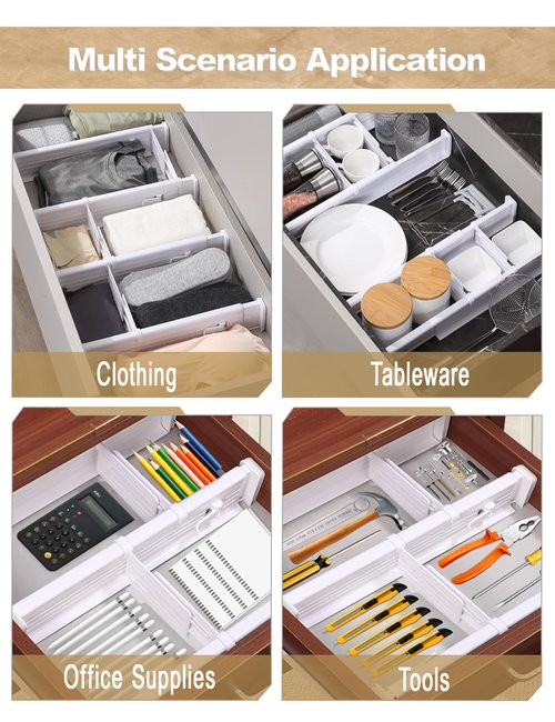 CeeVian Kitchen Drawer Dividers 4+4 Pack Drawer Divider Expandable Drawer Dividers Drawer Separators Splitter Plastic Drawers Separators for Dresser, Clothes, Kitchen and Office Storage