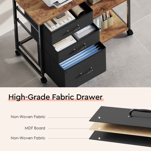 Maihail 3 Drawer File Cabinet with Wheels Rolling Printer Stand with Open Storage Shelf Fabric Lateral Filing Cabinet for Home Office,Rustic Brown