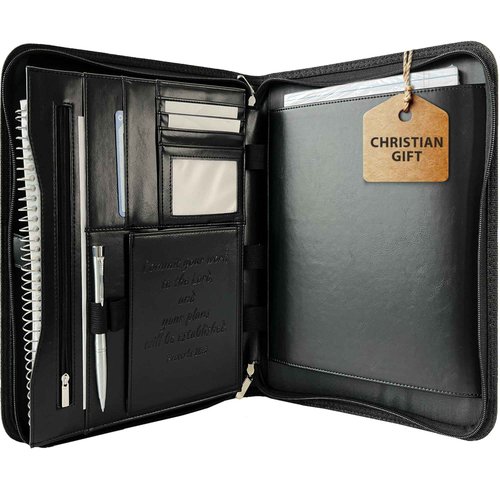 DEHITE Leather Portfolio for Men and Women - Christian Religious Gifts - Padfolio with Laptop Pocket - Letter Size Organizer for Bible Notebook Notepad - Black Full Grain Zipper Binder