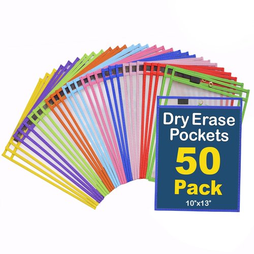 BONBELA Dry Erase Pockets 50 Pack - 10 x 13 Reusable Dry Erase Pocket Sleeves for Work & School Worksheets - Heavy Duty Clear Pocket Sleeves - Quickly Wipe to a Flawless Clean (Multicolor)