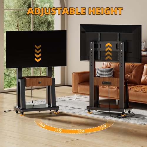 Rolling TV Cart with Power Outlet, Mobile TV Stand with Drawer and Wheels, Height Adjustable Mobile TV Cart for 23-75 inch,Screen Up to 150lbs,TV Stand for Bedroom,Indoor,Outdoor (Walnut)