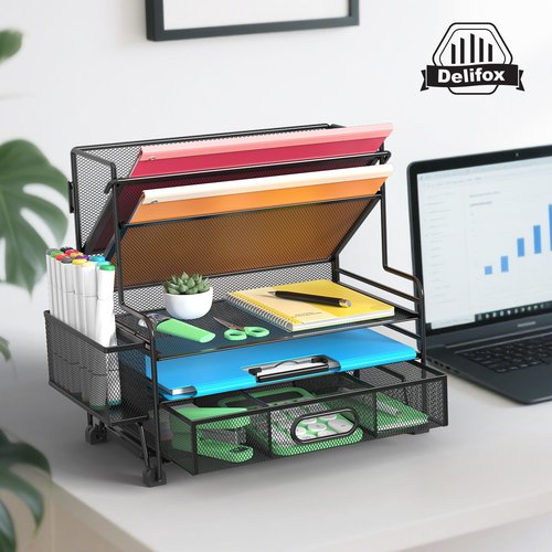 5 Tier Desk Organizer with Drawer & Pen Holders, Desk File Organizer Letter Tray Paper Organizer, Black