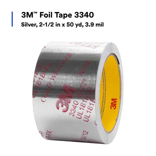 3M Aluminum Foil Tape 3340, 2.5" x 50 yd, 4.0 mil, Silver, HVAC, Sealing and Patching Hot and Cold Air Ducts, Fiberglass Duct Board, Insulation, Metal Repair