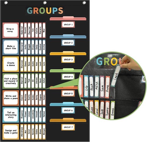 REGELETO Boho Classroom Pocket Chart - Large 46 x 26.3 Inch Organizer with 114 Cards for Teachers