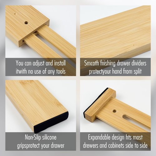 Nirwingly Bamboo Expandable Drawer Dividers Organizers – 4pcs Adjustable Size (17-22") for Kitchen, Bedroom, Bathroom & Office