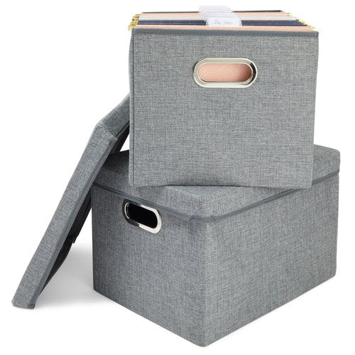 Stockroom Plus 2 Pack Decorative File Boxes Storage with Lids, Filing Organizer Hanging Document Container, Gray, 15.4" x 12.4" x 10"