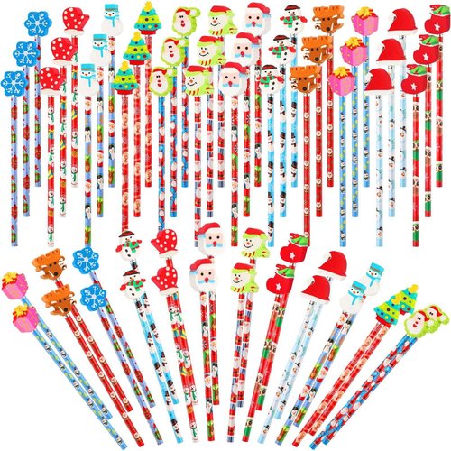 Hicarer Christmas Pencils with Eraser Toppers Wooden Pencil for Kids Students Multicolored Snowman Santa Claus Xmas Pencils for Christmas Party Favor Office School Classroom Supplies (120 Pieces)