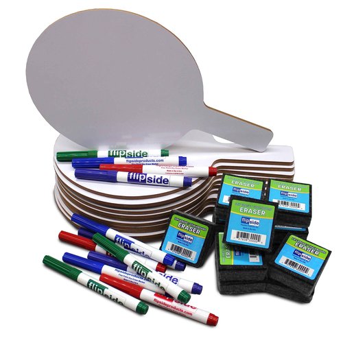Flipside Products Oval Dry Erase Answer Paddles w/Assorted Color Dry Erase Marker and Erasers, Auction, Handheld Whiteboard, Handle Response Board, 36 Pieces, Set of 12